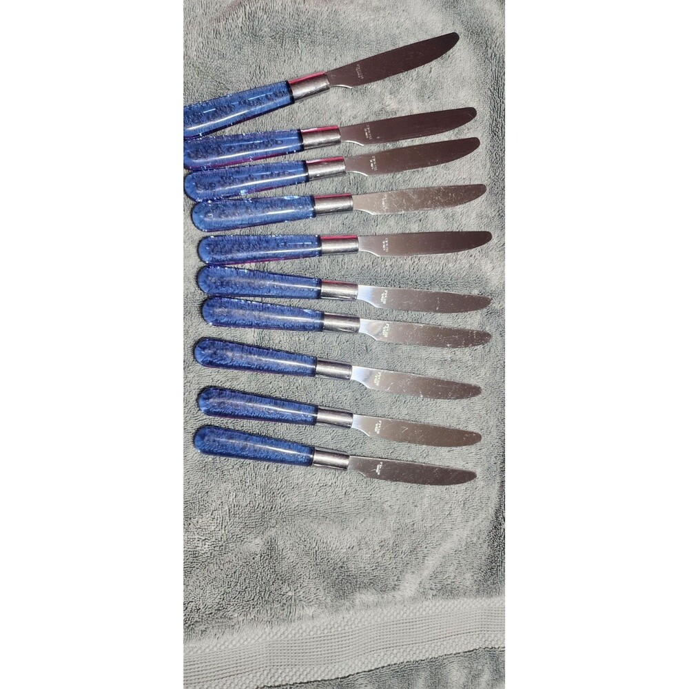 Vtg Flatware Stainless Steel Silverware 10 Settings Blue Lucite Plastic